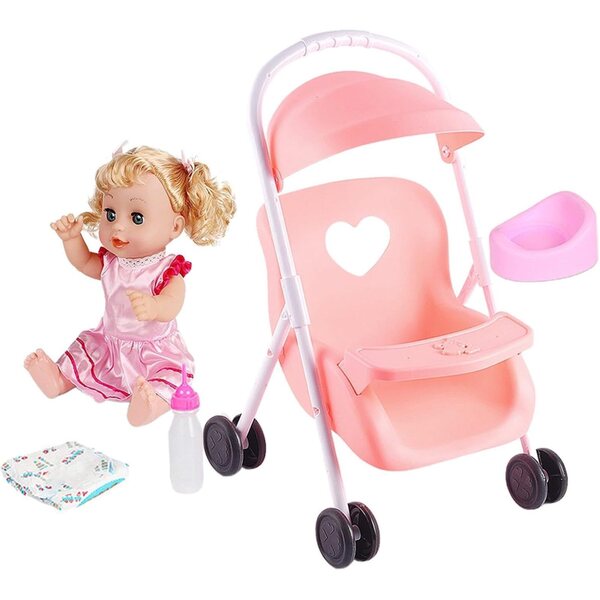 Rosa Poussette und Puppe für Kleinkinder mit realistischen Accessoires und Geräuschen