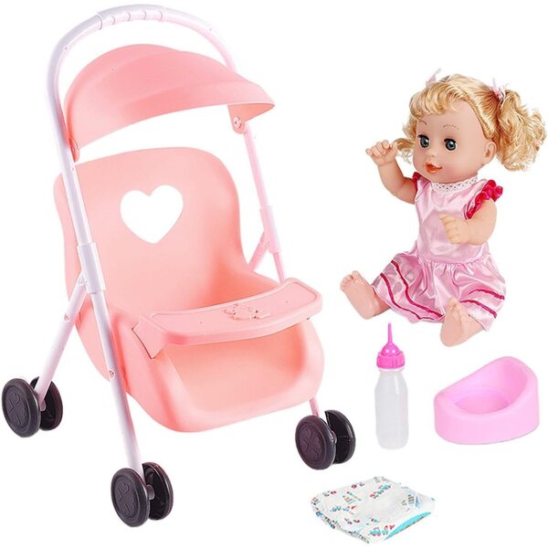 Rosa Poussette und Puppe für Kleinkinder mit realistischen Accessoires und Geräuschen