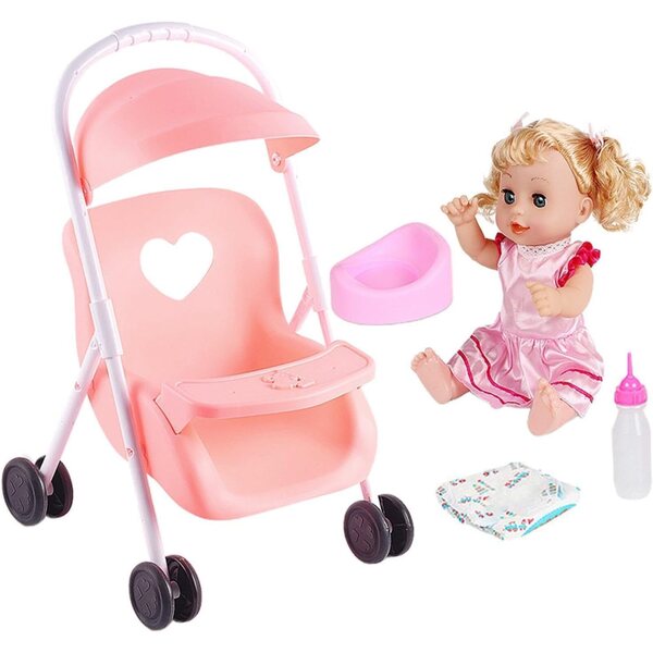 Rosa Poussette und Puppe für Kleinkinder mit realistischen Accessoires und Geräuschen