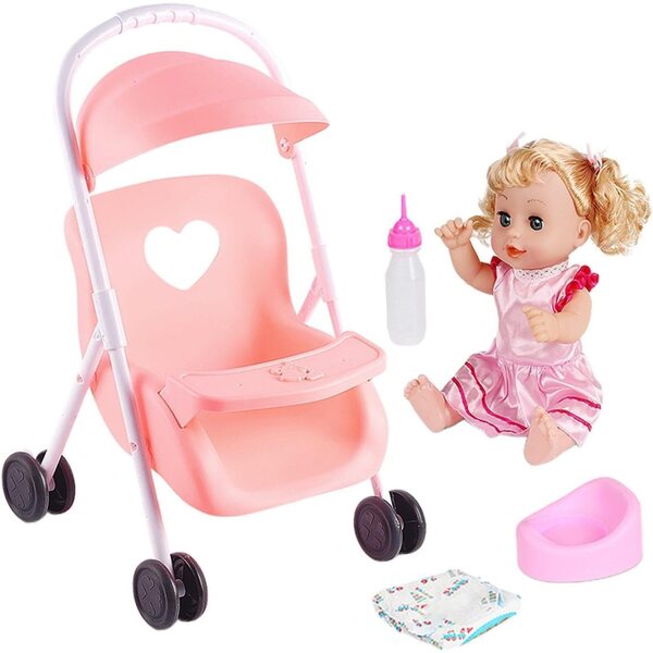 Rosa Poussette und Puppe für Kleinkinder mit realistischen Accessoires und Geräuschen