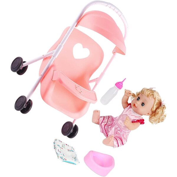 Rosa Poussette und Puppe für Kleinkinder mit realistischen Accessoires und Geräuschen