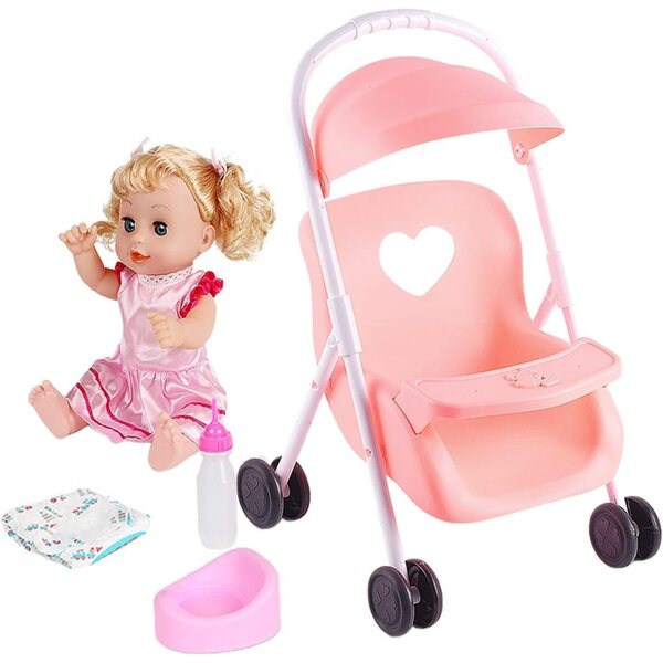 Rosa Poussette und Puppe für Kleinkinder mit realistischen Accessoires und Geräuschen