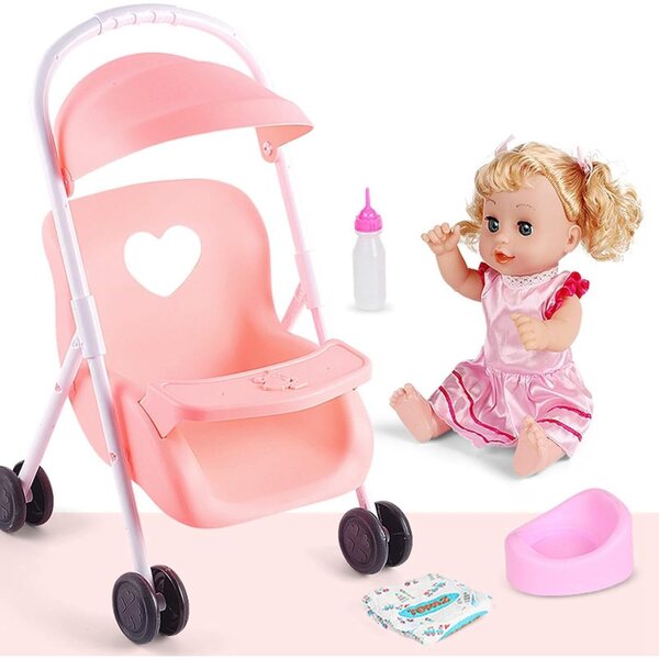 Rosa Poussette und Puppe für Kleinkinder mit realistischen Accessoires und Geräuschen