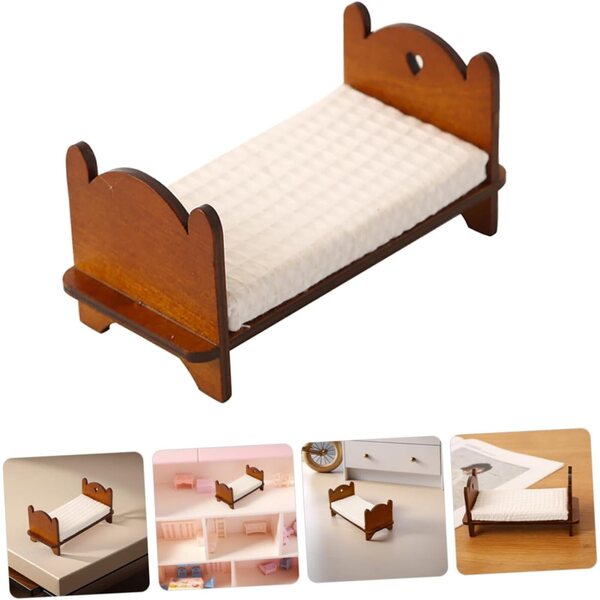 UPKOCH Letto Singolo in Miniatura Legno per Casa delle Bambole, Dettagli Realistici e Vintage