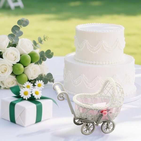 Miniatur-Poussette aus Korbgeflecht für Hochzeiten und Dekorationen, 25 x 19 x 11 cm
