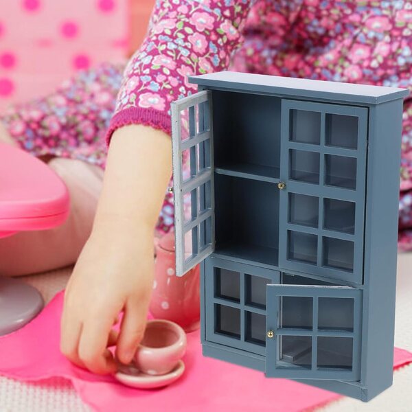 Mini Mobiletto in Legno Naturale Azzurro per Casa delle Bambole 4 Ante 18x12 cm