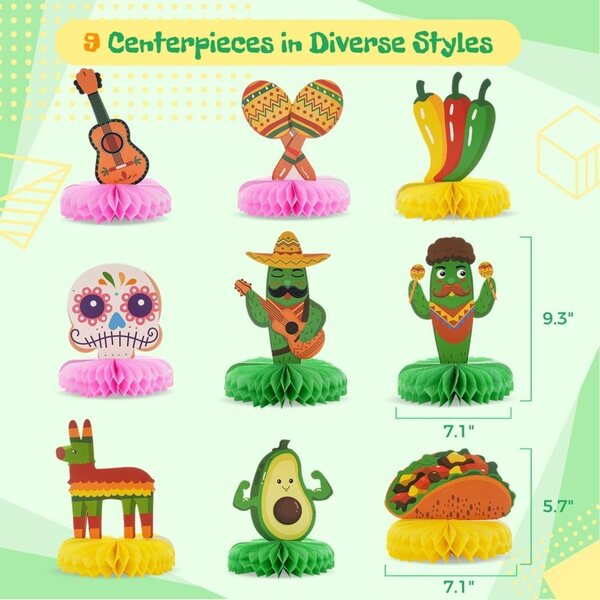 Centrotavola Mexicani 9 pezzi in carta a nidoo d'ape per feste colorate Cinco de Mayo