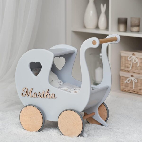 Landau Poussette per Bambole in Legno Personalizzabile con Nome - Design Sicuro e Duraturo