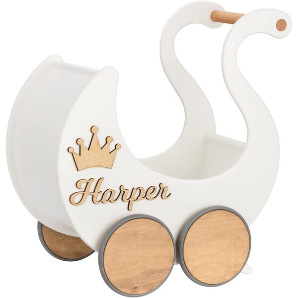 Hölzerne Landau-Schwanenkönigin mit personalisiertem Namen – Holzpoussette für Puppen weiß