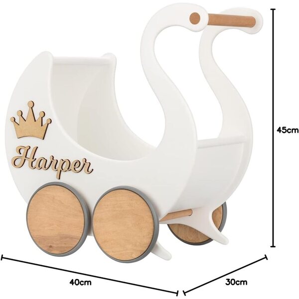 Hölzerne Landau-Schwanenkönigin mit personalisiertem Namen – Holzpoussette für Puppen weiß