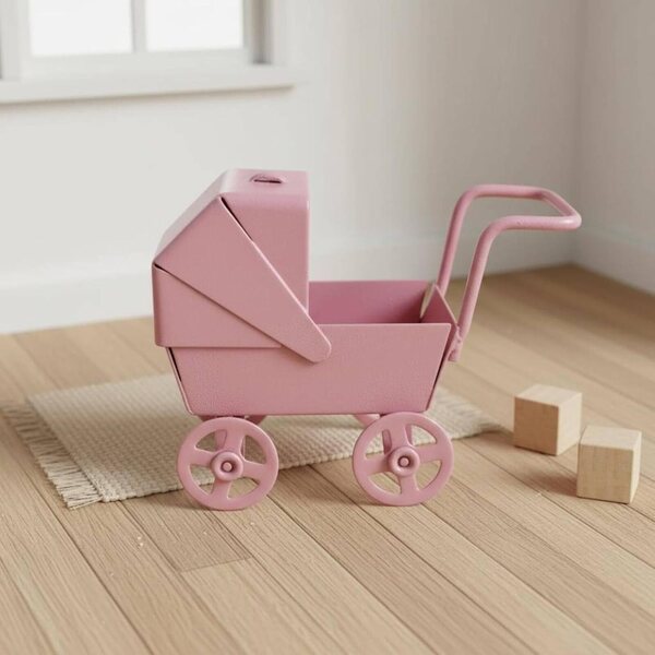 Miniatur-Kinderwagen aus Metall im Maßstab 1:12, klassisches rosa Design für Puppenhaus