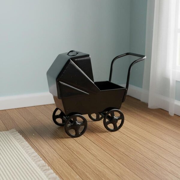 Miniatur-Kinderwagen aus Metall im Maßstab 1:12, klassisches rosa Design für Puppenhaus