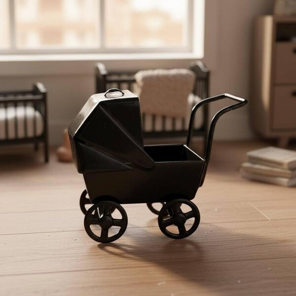 Miniatur-Kinderwagen aus Metall im Maßstab 1:12, klassisches rosa Design für Puppenhaus
