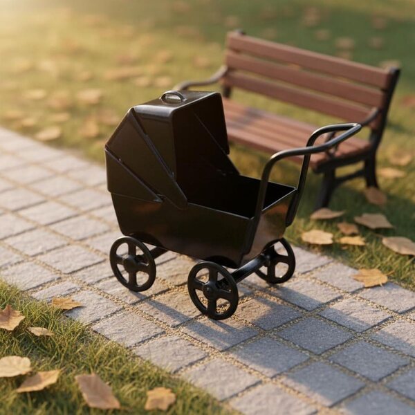 Miniatur-Kinderwagen aus Metall im Maßstab 1:12, klassisches rosa Design für Puppenhaus