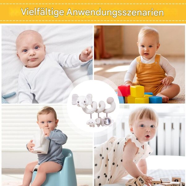 Babyautositz und Kinderwagenspielzeug mit bunten Tiermustern