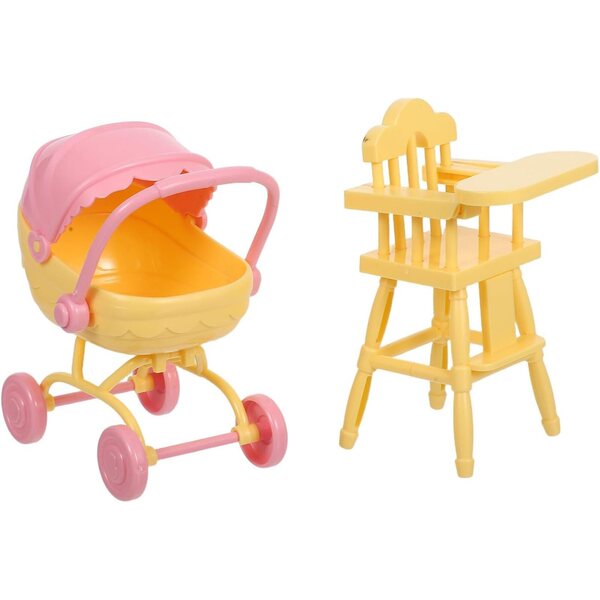 VICASKY Poussette e Sedia Alta Miniature per Casa delle Bambole in ABS Giallo