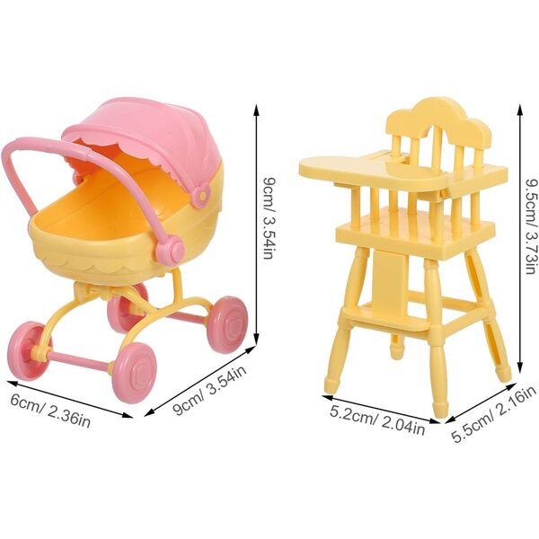 VICASKY Poussette e Sedia Alta Miniature per Casa delle Bambole in ABS Giallo