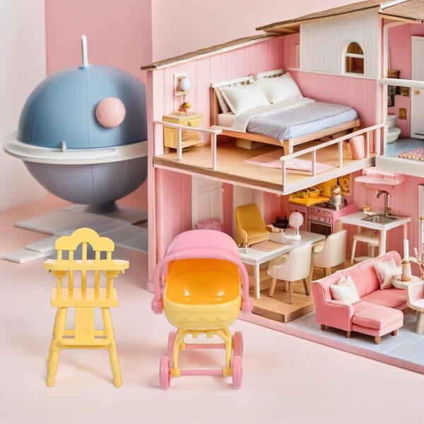 VICASKY Poussette e Sedia Alta Miniature per Casa delle Bambole in ABS Giallo