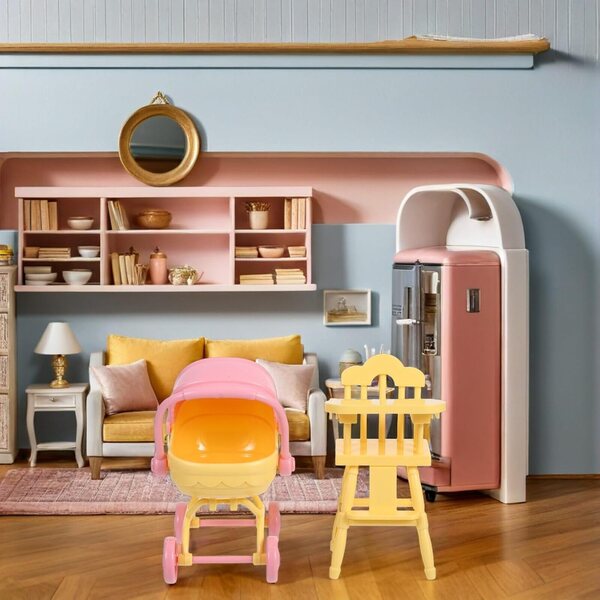 VICASKY Poussette e Sedia Alta Miniature per Casa delle Bambole in ABS Giallo