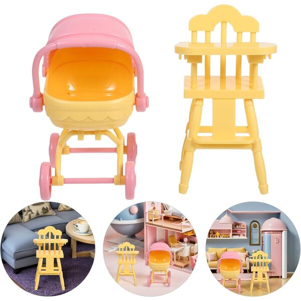 VICASKY Poussette e Sedia Alta Miniature per Casa delle Bambole in ABS Giallo