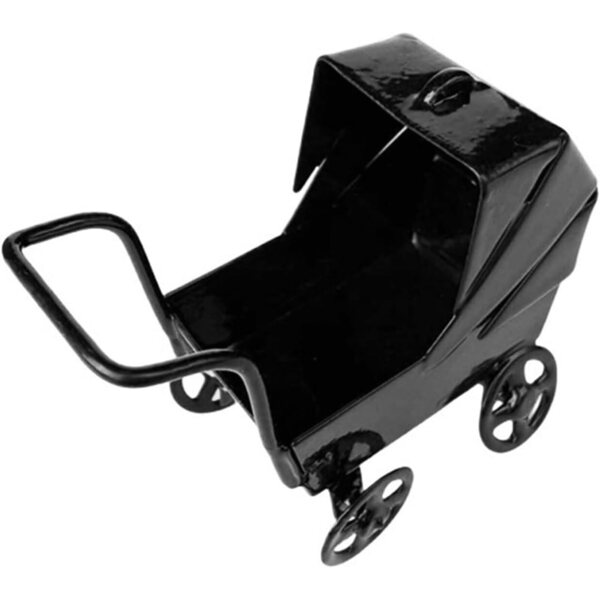 Mini-Poussette in Schwarz-Metallic für Puppen – dekoratives Accessoire und Vintage-Spielzeug