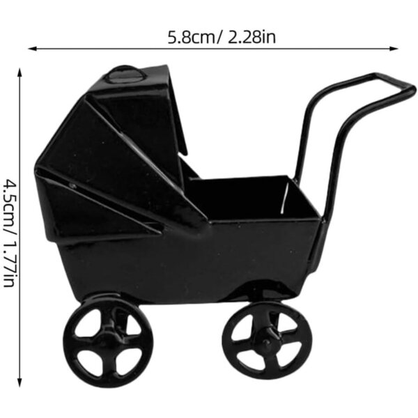 Mini-Poussette in Schwarz-Metallic für Puppen – dekoratives Accessoire und Vintage-Spielzeug