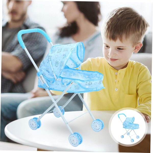 Poussette für blaue Puppen mit Bärenkopf und Telefon für Mädchen-Rollenspiele