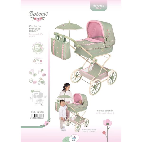 Zusammenklappbares Poussette für wiedergeborene Puppen mit Sonnenschirm und verstellbarem Botanic-Griff