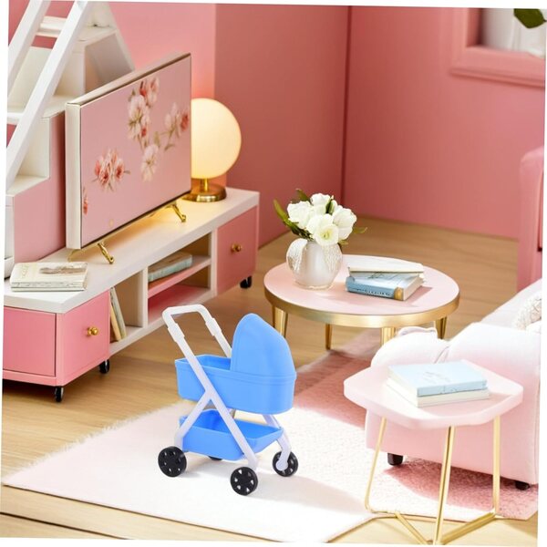 Mini-Poussette für Puppenhaus, realistische Puppe im Maßstab 1:12, blau
