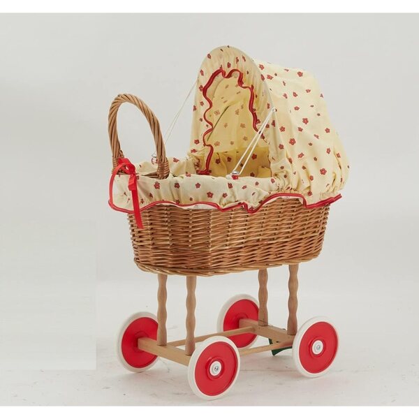 Berceau in Vimini per Bambole con Motivo Fiori e Ruote in Plastica 43x27x38-52cm