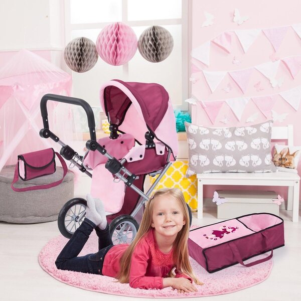 Landau Poussette City Star Bordeaux für Puppen bis 46 cm mit Tasche und Korb
