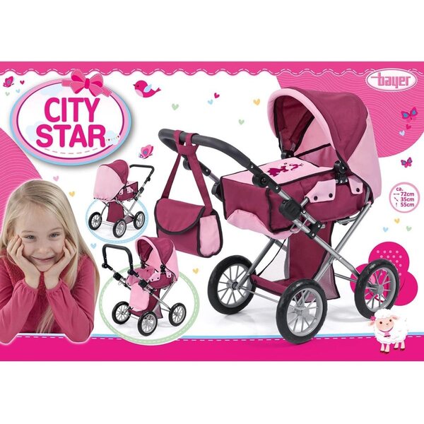 Landau Poussette City Star Bordeaux für Puppen bis 46 cm mit Tasche und Korb
