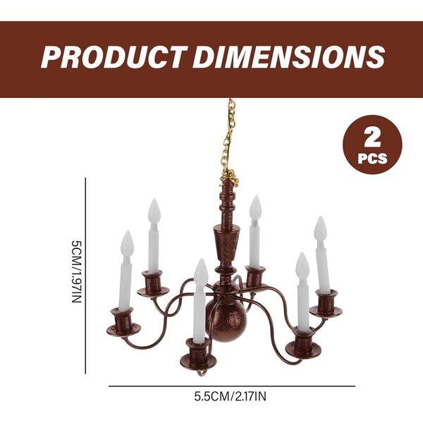 Lampadario in metallo per casa delle bambole con 6 LED bianchi 3V - set 2 pezzi