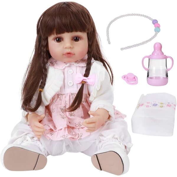 22 Zoll große realistische Silikon-Neugeborenenpuppe mit braunem Haar und anpassbarer Kleidung