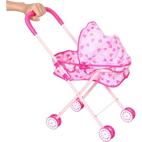 Zusammenklappbarer Puppenwagen aus Eisen und Oxford-Stoff mit verstellbarem Griff in Rosa