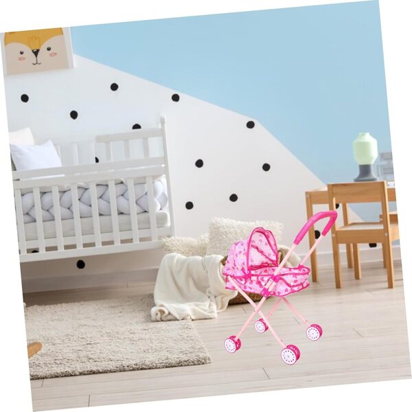 Zusammenklappbarer Puppenwagen aus Eisen und Oxford-Stoff mit verstellbarem Griff in Rosa