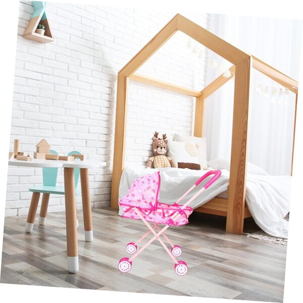 Zusammenklappbarer Puppenwagen aus Eisen und Oxford-Stoff mit verstellbarem Griff in Rosa