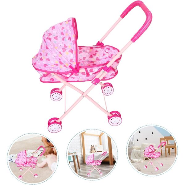 Zusammenklappbarer Puppenwagen aus Eisen und Oxford-Stoff mit verstellbarem Griff in Rosa