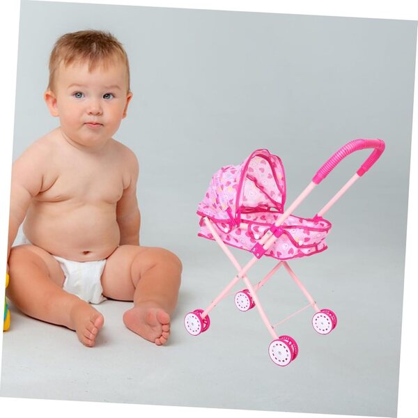 Zusammenklappbarer Puppenwagen aus Eisen und Oxford-Stoff mit verstellbarem Griff in Rosa