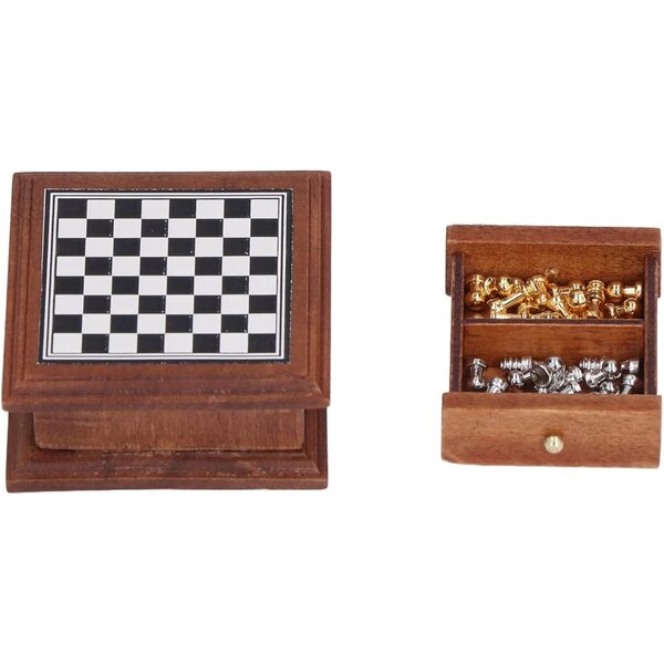 1:12 Miniatur-Schachspiel aus Birke und Metall für Puppenhäuser und Dekoration
