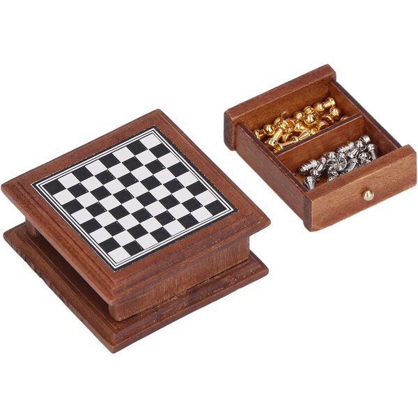 1:12 Miniatur-Schachspiel aus Birke und Metall für Puppenhäuser und Dekoration