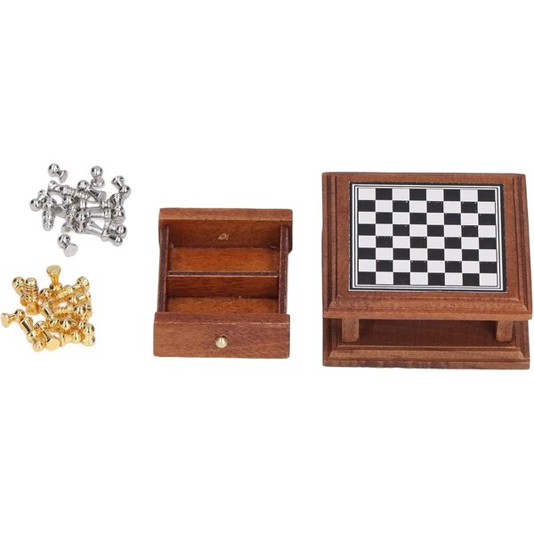 1:12 Miniatur-Schachspiel aus Birke und Metall für Puppenhäuser und Dekoration