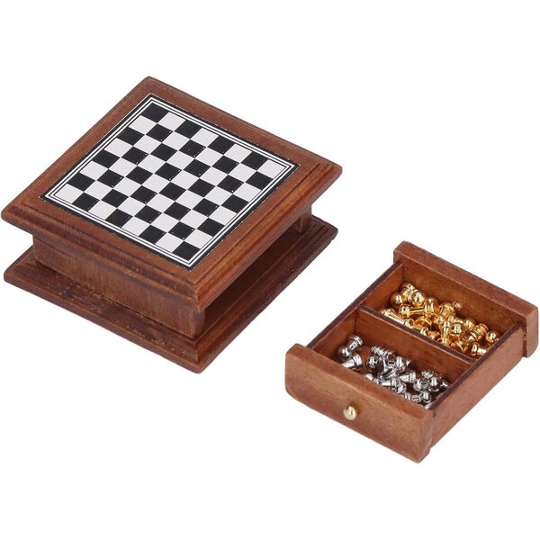 1:12 Miniatur-Schachspiel aus Birke und Metall für Puppenhäuser und Dekoration