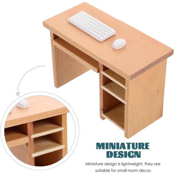 Abaodam Miniatura Tavolo Ufficio con Tastiera e Mouse in Legno per Casa delle Bambole