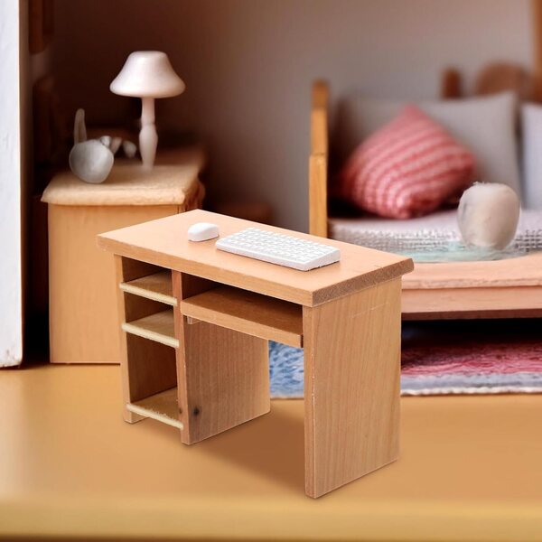 Abaodam Miniatura Tavolo Ufficio con Tastiera e Mouse in Legno per Casa delle Bambole