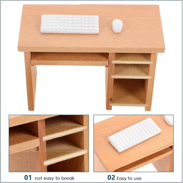 Abaodam Miniatura Tavolo Ufficio con Tastiera e Mouse in Legno per Casa delle Bambole