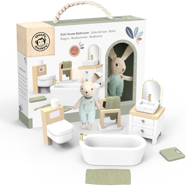 Hölzernes Badezimmerset für Puppenhaus mit Zubehör und Hase – Speedy Monkey