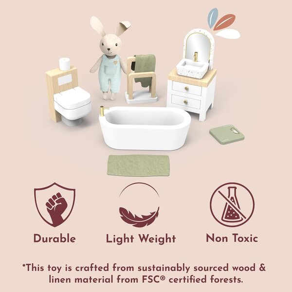 Hölzernes Badezimmerset für Puppenhaus mit Zubehör und Hase – Speedy Monkey