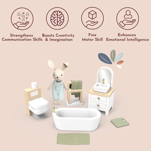 Hölzernes Badezimmerset für Puppenhaus mit Zubehör und Hase – Speedy Monkey