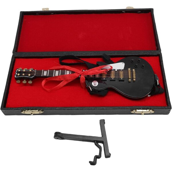 Miniatur-E-Gitarre aus Holz mit Ständer und Schutzhülle, 18 cm